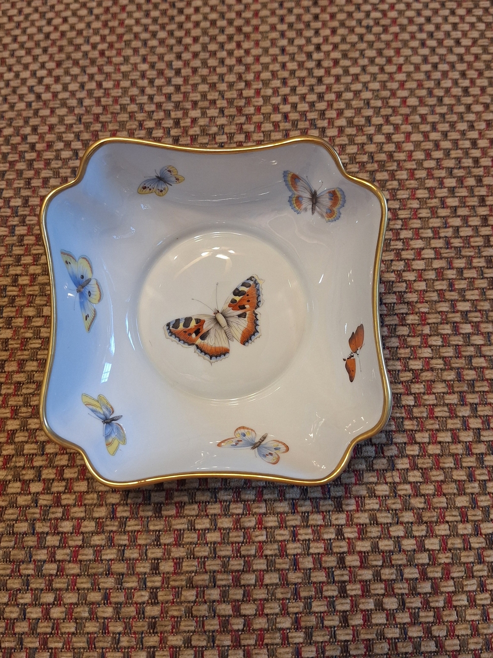 Limoges Vintage Porcelain Butterfly Square Bowl with Gold Trimmed Scalloped Rim